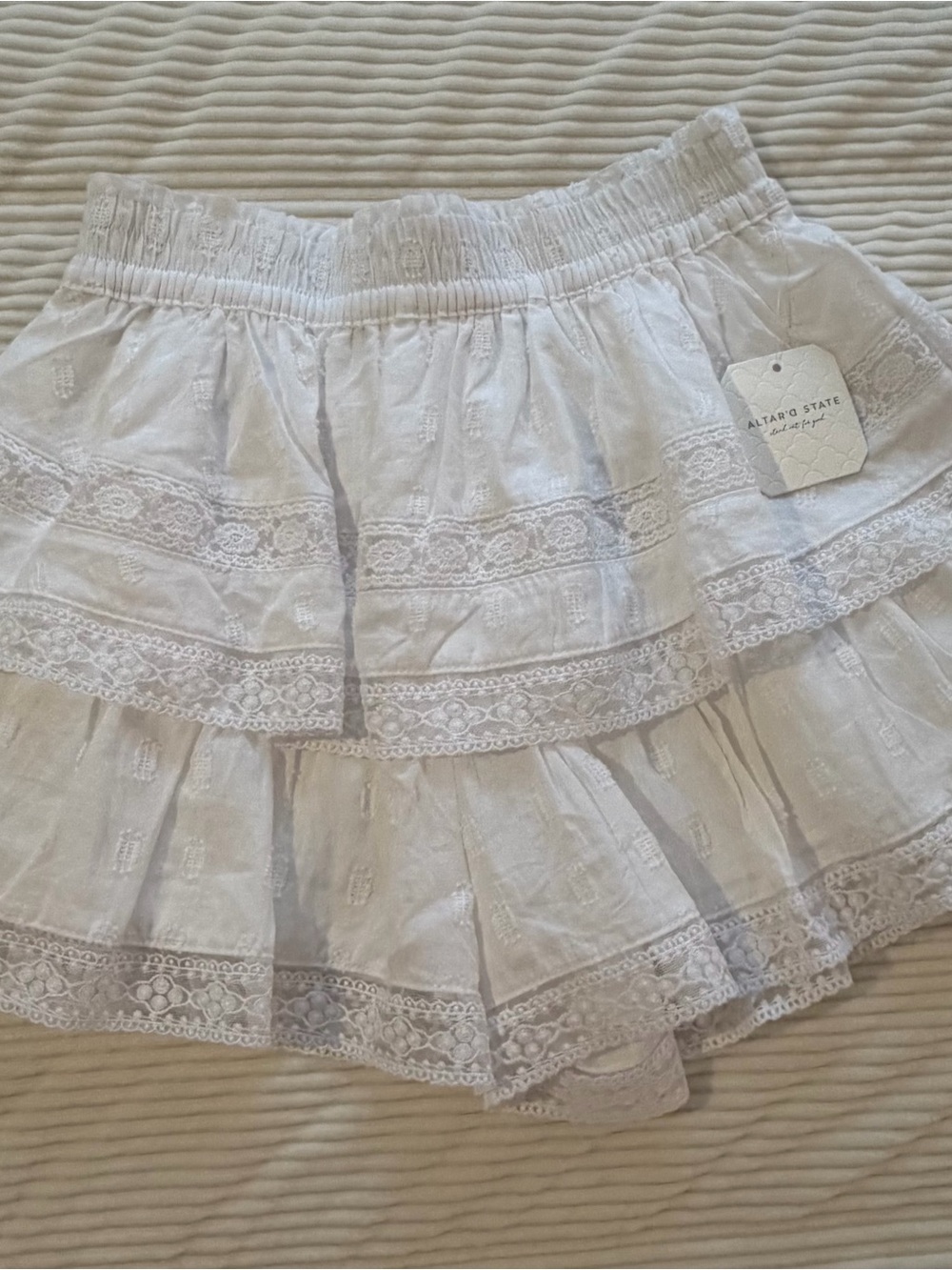 Altar’d State White Tiered Lace Mini Skirt
